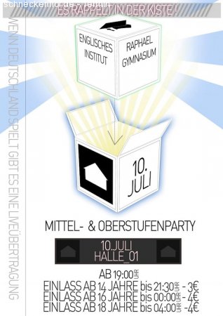 Mittel- und Oberstufenparty des Englichen Institutes und Raphael Gymn. Werbeplakat
